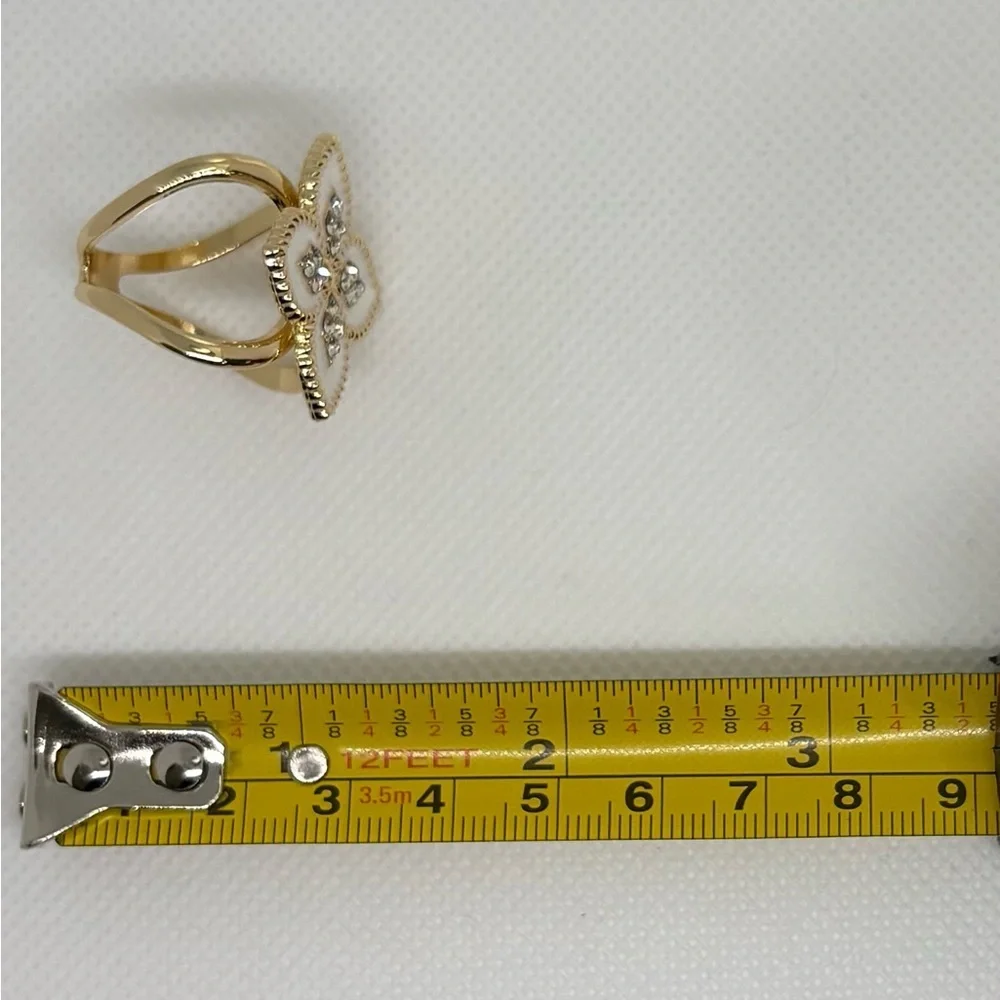 Chic Gold & White Enamel Clover Flower Scarf Ring Clip Rhinestone - Picture 13 of 13